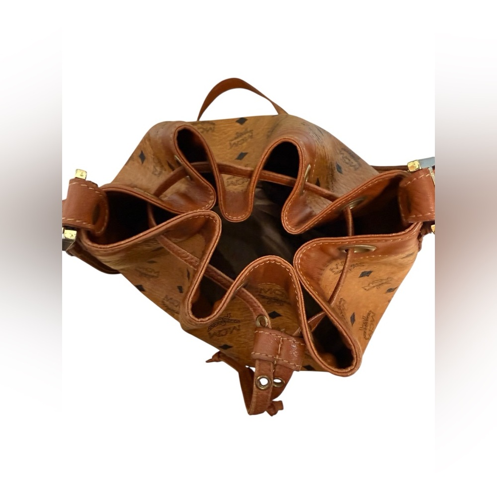 MCM München Cognac Visetos Drawstring Bucket Bag Vintage Leather Trim Crossbody - Picture 4 of 14